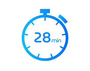 28 Minutes timers Clocks, Timer 28 mins icon, countdown icon. Time measure. Chronometer vector icon isolated on white background