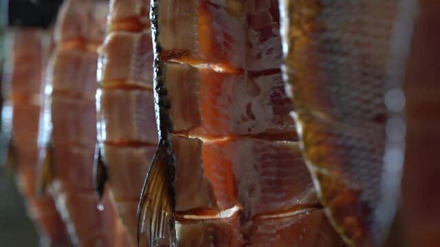 Fish Factory. Juicy Fish Fillet Ide is Dried in the Manufactory. Preparation for Smoking