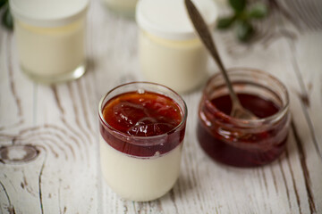 homemade sweet yogurt with fruit jam in a glass