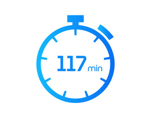 117 Minutes timers Clocks, Timer 117 mins icon, countdown icon. Time measure. Chronometer vector icon isolated on white background