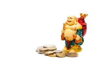 Happy Buddha statue with money, isolated, isolated on white background.