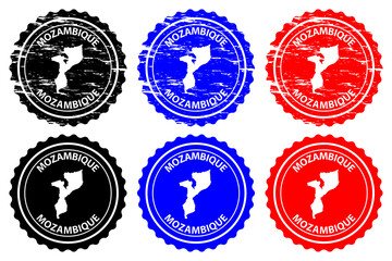 Mozambique - rubber stamp - vector, Republic of Mozambique map pattern - sticker - black, blue and red