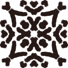 Black charcoal drawn folk tribal print. Abstract kaleidoscope pattern element for surface and textile design. Modern dark geometric ornamental block