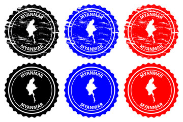 Myanmar - rubber stamp - vector, Republic of the Union of Myanmar (Burma) map pattern - sticker - black, blue and red