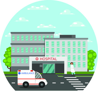 Hospital Outside. Vector Illustration. There Are Two Buildings And A Main Entrance. In The Foreground Is An Ambulance That Has Pulled Up To A Hospital, And A Doctor Is Standing Near The Entrance.