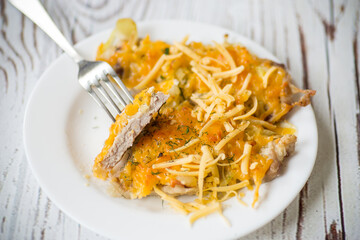 oven baked meat steak with cheese and onions