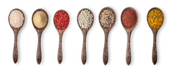 brown rice, brown sugar, red pepper, mixed raw quinoa, white beans, red quinoa, passion fruit in wood spoon isolated on white background