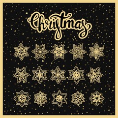 Collection golden Christmas stars. New Year vector holiday elements for winter decor on a black background. Hand drawn  sketches in doodle style. 