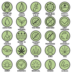 Set Icons illustrations. CBD oil, pure, natural, vegan, ecology, biology, science sign logo design. Clean safe zone product stamp