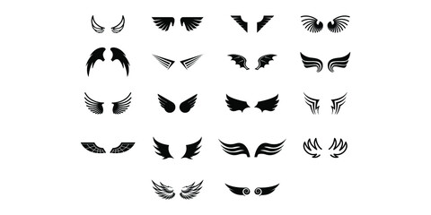 Set Black Line Flat Collection Wings Vector Icon Feather Design Style Decoration Cartoon