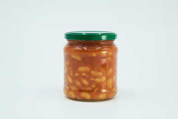 Canned lobio beans in a glass jar. Home canning.