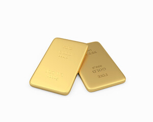 Two thin gold bars lie on top of each other on white. 3d illustration