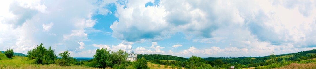 Mountain valley village landscape. Mountain valley village panorama. Mountain green valley village view