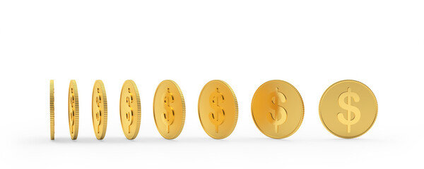Gold dollar coins in various angles on white. 3d illustration