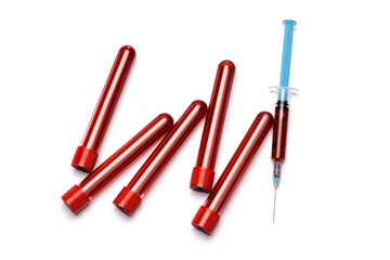 Medical syringe and plastic test tube isolated on white background