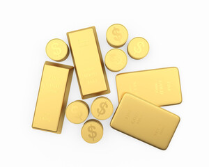 Various gold bars and dollar coins top view on white. 3d illustration