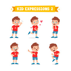 cute little kid boy in various expressions and gesture set