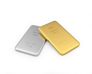 The gold bar lies on a silver bar on a white background. 3d illustration