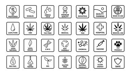Set of white CBD oil icons. New popular icon set. THC free, no gmo, made in USA, bio, vegan, premium quality, lab tested, omega 3-6-9, pure, natural, no pesticides, organic, eco, gluten free, gmp.
