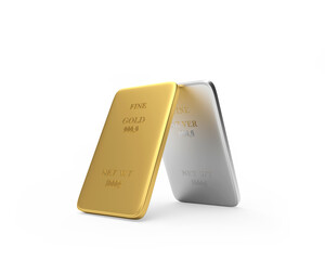 Two gold and silver bars stand vertically against a white background. 3d illustration