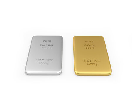 Two thin gold and silver bars on a white background. 3d illustration