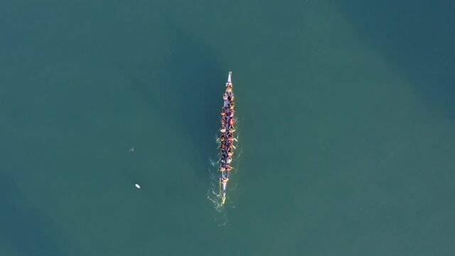 Dragon Boat team rowing to the pace of an onboard Drummer, Aerial view.
