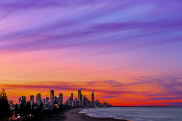 Colourful sunset sky, view from Miami hill lookout with Surfers Paradise Gold Coast cityscape in...