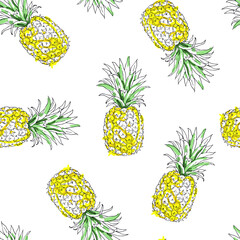 Yellow pineapples fruit are isolated on a white background. Vector illustration. Seamless pattern for design.