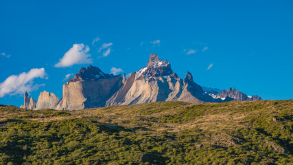 Major peaks, standing high towers teeth, surrounded by wet austral forests and Patagonian steppe,...
