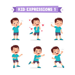 cute little kid boy in various expressions and gesture set