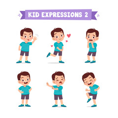 cute little kid boy in various expressions and gesture set