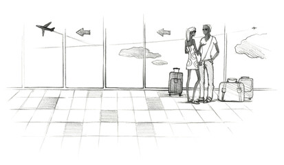 Airport waiting room. The girl and the man are standing near the suitcases. Drawing with a slate pencil. Isolated on white background.