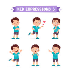 cute little kid boy in various expressions and gesture set