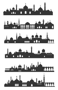 Muslim cityscape black set, urban arabian landmark