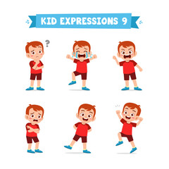 cute little kid boy in various expressions and gesture set