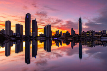 Surfers Paradise cityscape reflection, with colourful sunrise sky. Gold Coast, Australia