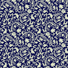 Seamless blue background with beige pattern in baroque style. Vector retro illustration. Ideal for printing on fabric or paper for wallpapers, textile, wrapping.