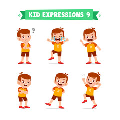 cute little kid boy in various expressions and gesture set