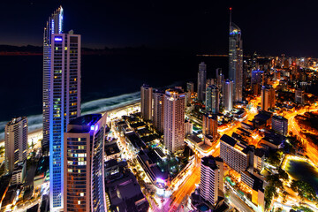 Naklejka premium Gold Coast, Surfers Paradise aerial cityscape view at night