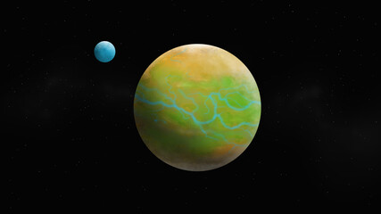 Blue ice planet art illustration. Big water planet with two moons. Popular space exploration project for future study astrology. One big alien world cartoon game design. Rare real world picture.