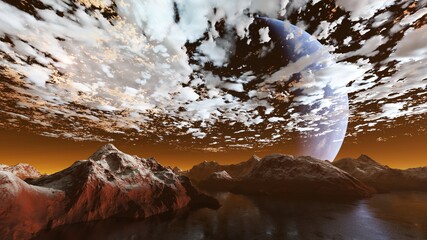3d illustration of an alien planet landscape with a lake and mountains under a cloudy sky. 3d rendered.