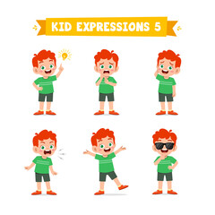 cute little kid boy in various expressions and gesture set
