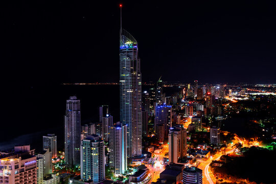 Gold Coast, Surfers Paradise aerial cityscape view at night © David Bostock