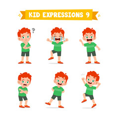 cute little kid boy in various expressions and gesture set