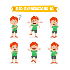 cute little kid boy in various expressions and gesture set