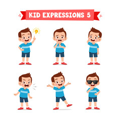 cute little kid boy in various expressions and gesture set