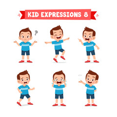 cute little kid boy in various expressions and gesture set