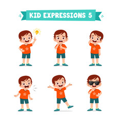 cute little kid boy in various expressions and gesture set