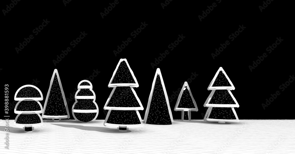 Fototapete abstract 3d illustration of a group of christmas trees in different forms. new year celebration scen