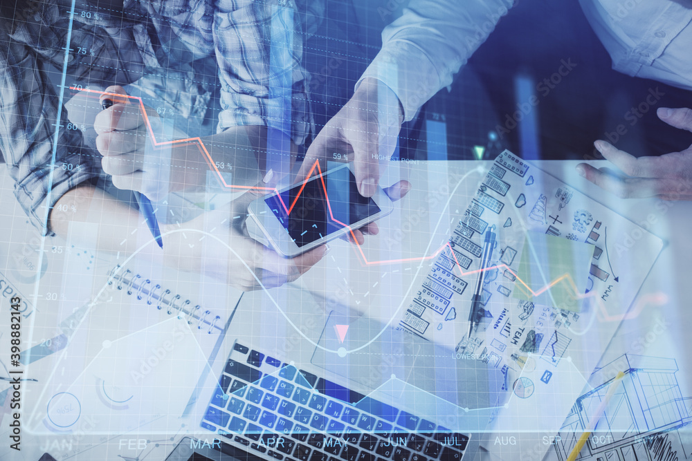 Poster Double exposure of forex graph drawing and man and woman working together holding and using a mobile device. Trade concept.